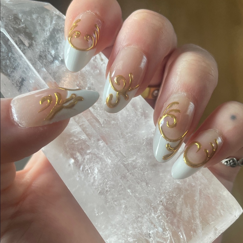 White French Tip Almond Press-On Nails with Gold Scroll Accents